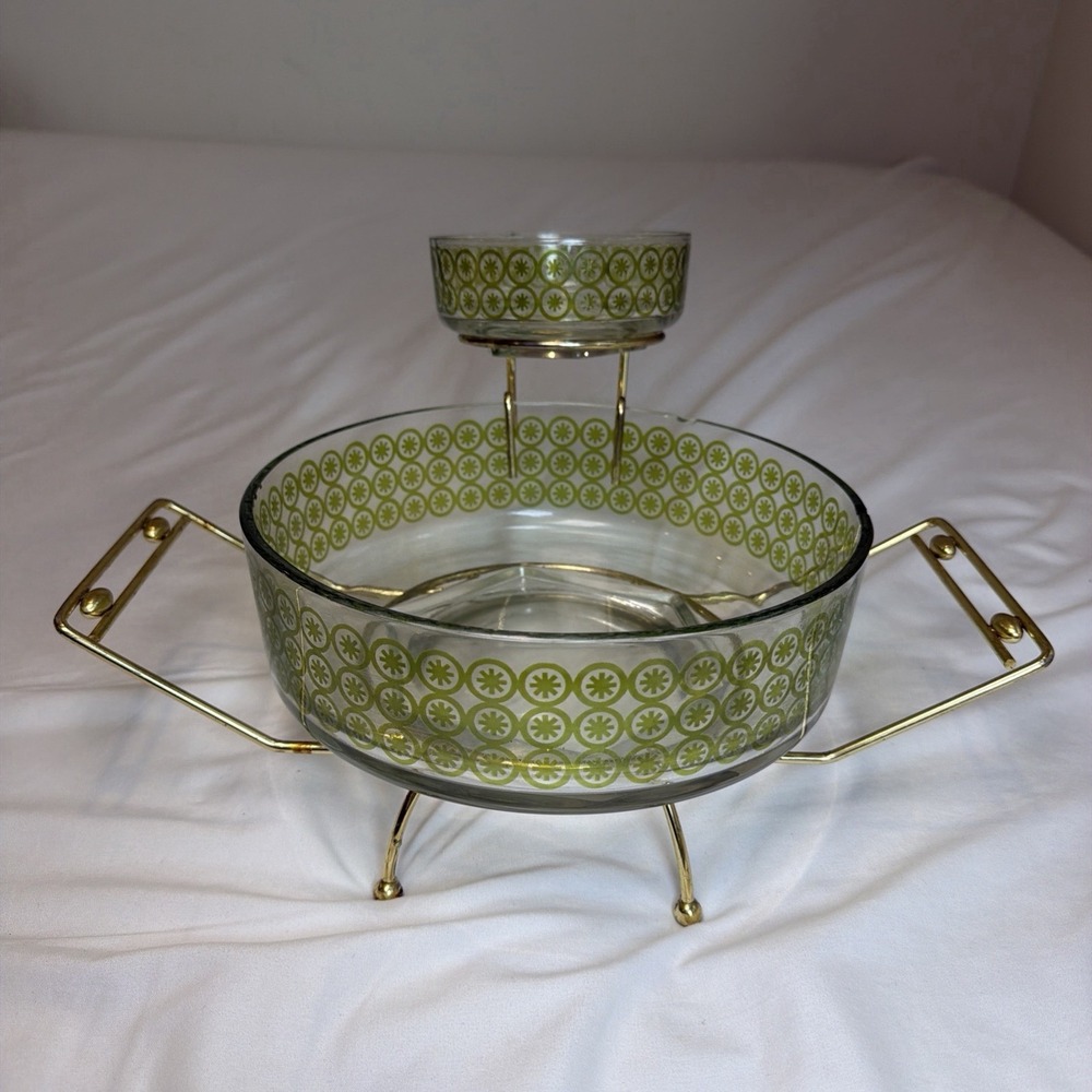 Vintage Jeannette Glass Green StarDesign Chip Dip Bowl Set W/ Bracket & Cradle